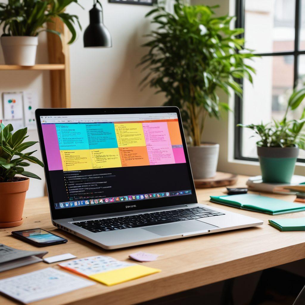 An organized workspace featuring a laptop with coding on the screen, surrounded by open programming books, colorful sticky notes with key programming tips, a coffee cup, and a potted plant in the background. The scene conveys inspiration and knowledge, perfect for tech enthusiasts. bright and modern. super-realistic. vibrant colors.