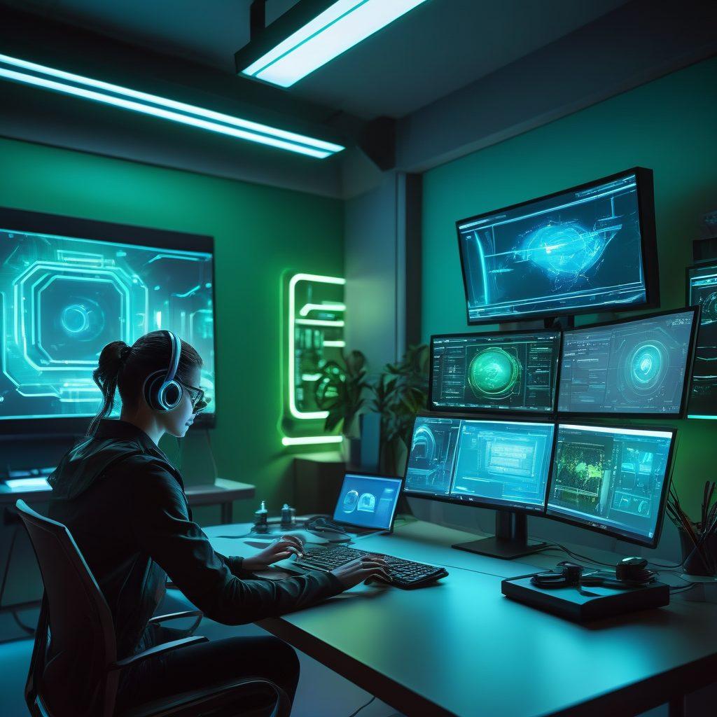 A futuristic workspace featuring a sleek, modern computer setup with dual monitors displaying detailed gadget reviews and software analysis. Include vibrant tech gadgets and tools scattered around, symbolizing innovation. The room should be bathed in soft blue and green ambient lighting to create a high-tech atmosphere. A person is intently reading a digital tablet, with holographic interfaces surrounding them. cyberpunk, vibrant colors, super-realistic.