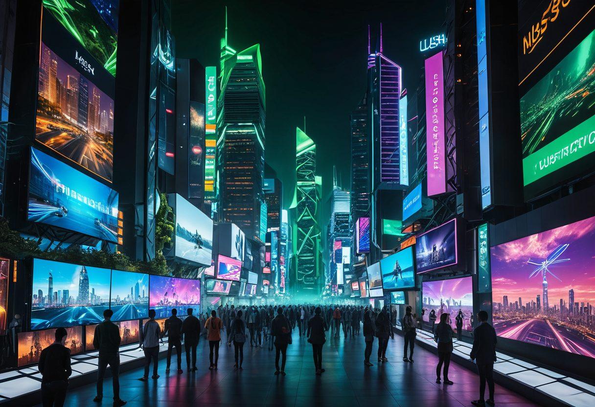 A futuristic city skyline with advanced technology and vibrant neon lights, showcasing a group of diverse tech enthusiasts coding on holographic screens amidst flying drones and digital billboards. The scene is lively and innovative, symbolizing the intersection of nature and technology with green spaces integrated into the urban landscape. super-realistic. vibrant colors. 3D.